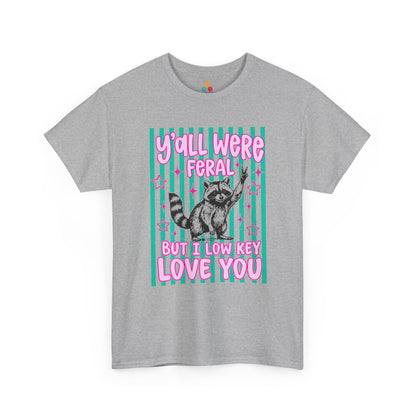 TEEZOCA Unisex T-shirt made as an end of year teacher shirt with a funny raccoon, teal background, and pink lettering.
