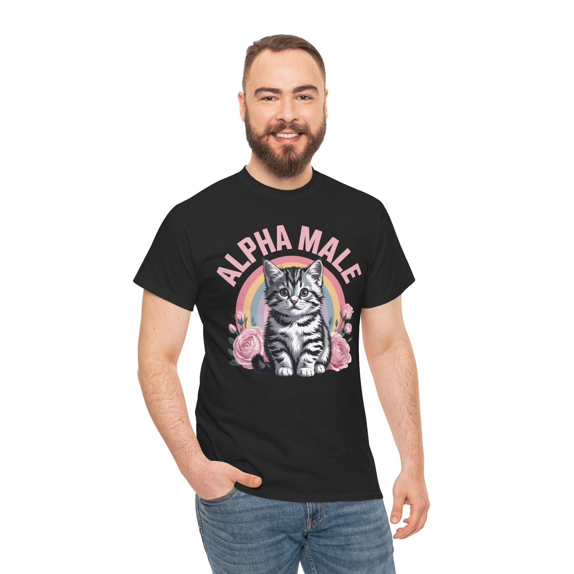 TEEZOCA Unisex T-shirt with Alpha Male Shirt design featuring a cute kitten, pink lettering, rose accents, and ironic cat dad humor.
