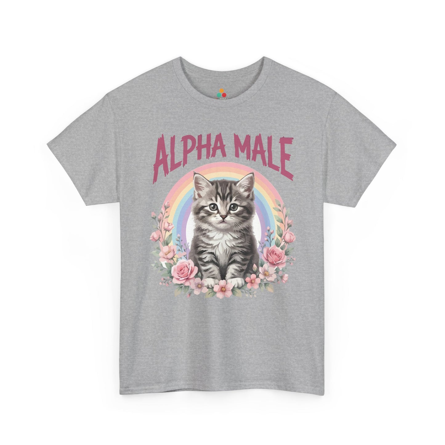TEEZOCA Unisex T-shirt with Alpha Male Shirt design featuring a gray kitten, pink lettering, rainbow, and rose accents.
