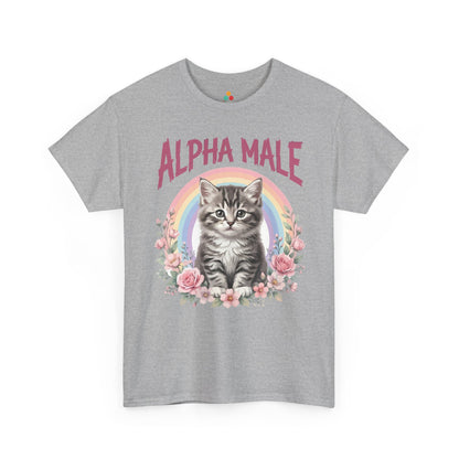 TEEZOCA Unisex T-shirt with Alpha Male Shirt design featuring a gray kitten, pink lettering, rainbow, and rose accents.
