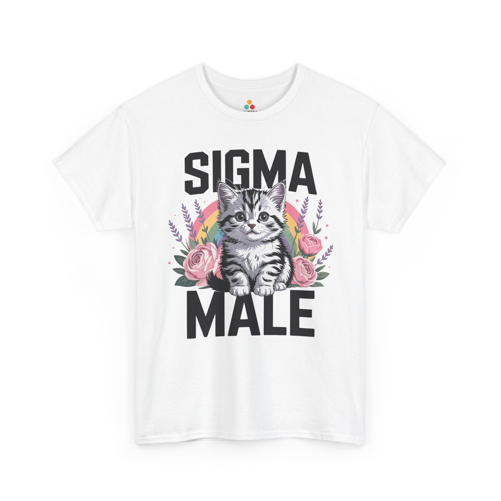 TEEZOCA Unisex T-shirt with Alpha Male Shirt design featuring a gray kitten, rainbow, pink roses, and Sigma Male text.
