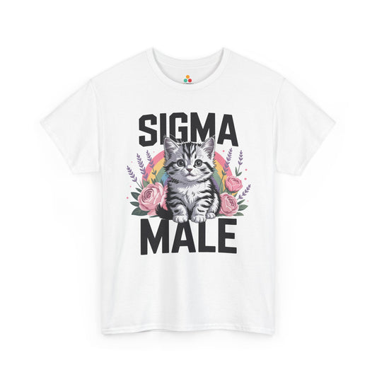 TEEZOCA Unisex T-shirt with Alpha Male Shirt design featuring a gray kitten, rainbow, pink roses, and Sigma Male text.
