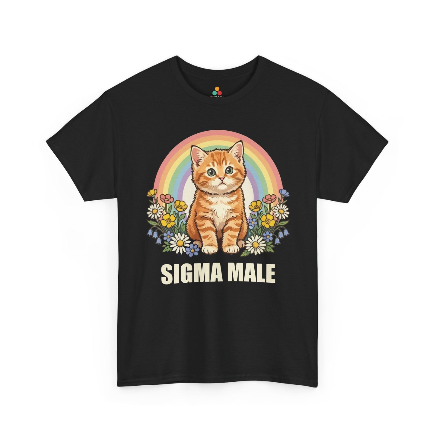 TEEZOCA Unisex T-shirt with Alpha Male Shirt design featuring an orange kitten, pastel rainbow, flowers, and Sigma Male text.
