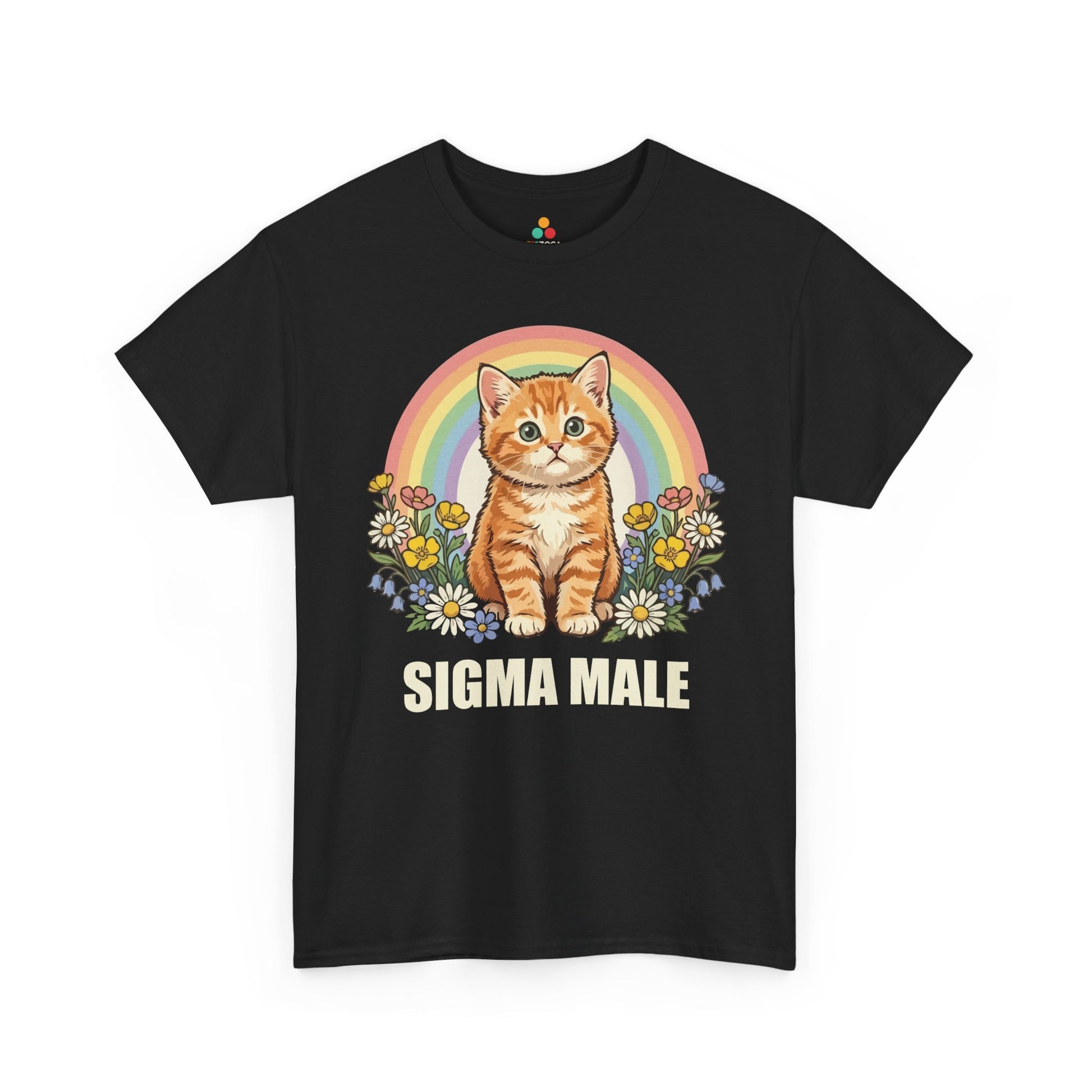 TEEZOCA Unisex T-shirt with Alpha Male Shirt design featuring an orange kitten, pastel rainbow, flowers, and Sigma Male text.
