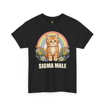 TEEZOCA Unisex T-shirt with Alpha Male Shirt design featuring an orange kitten, pastel rainbow, flowers, and Sigma Male text.
