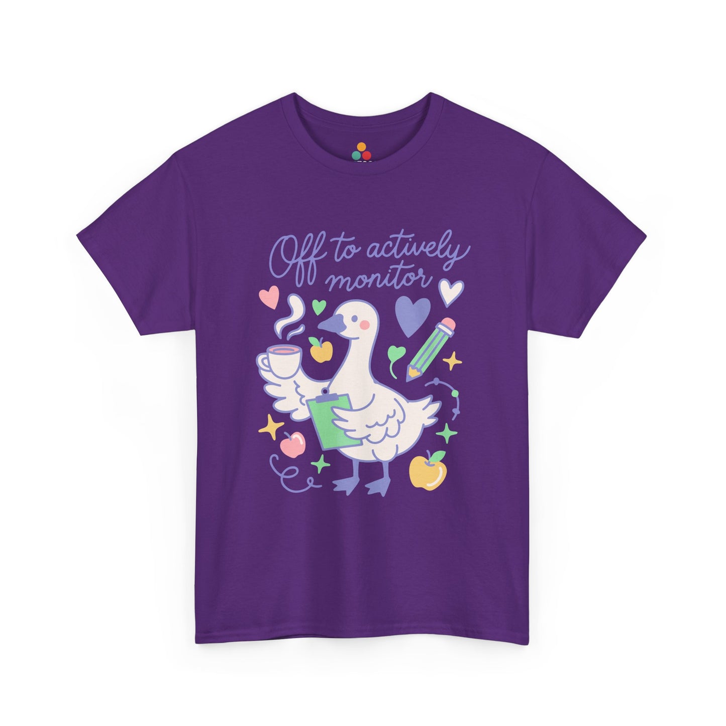 TEEZOCA Unisex T-shirt with Cute Funny Teacher Shirt Off to Actively Monitor design, featuring a goose, clipboard, books, apples, and hearts.
