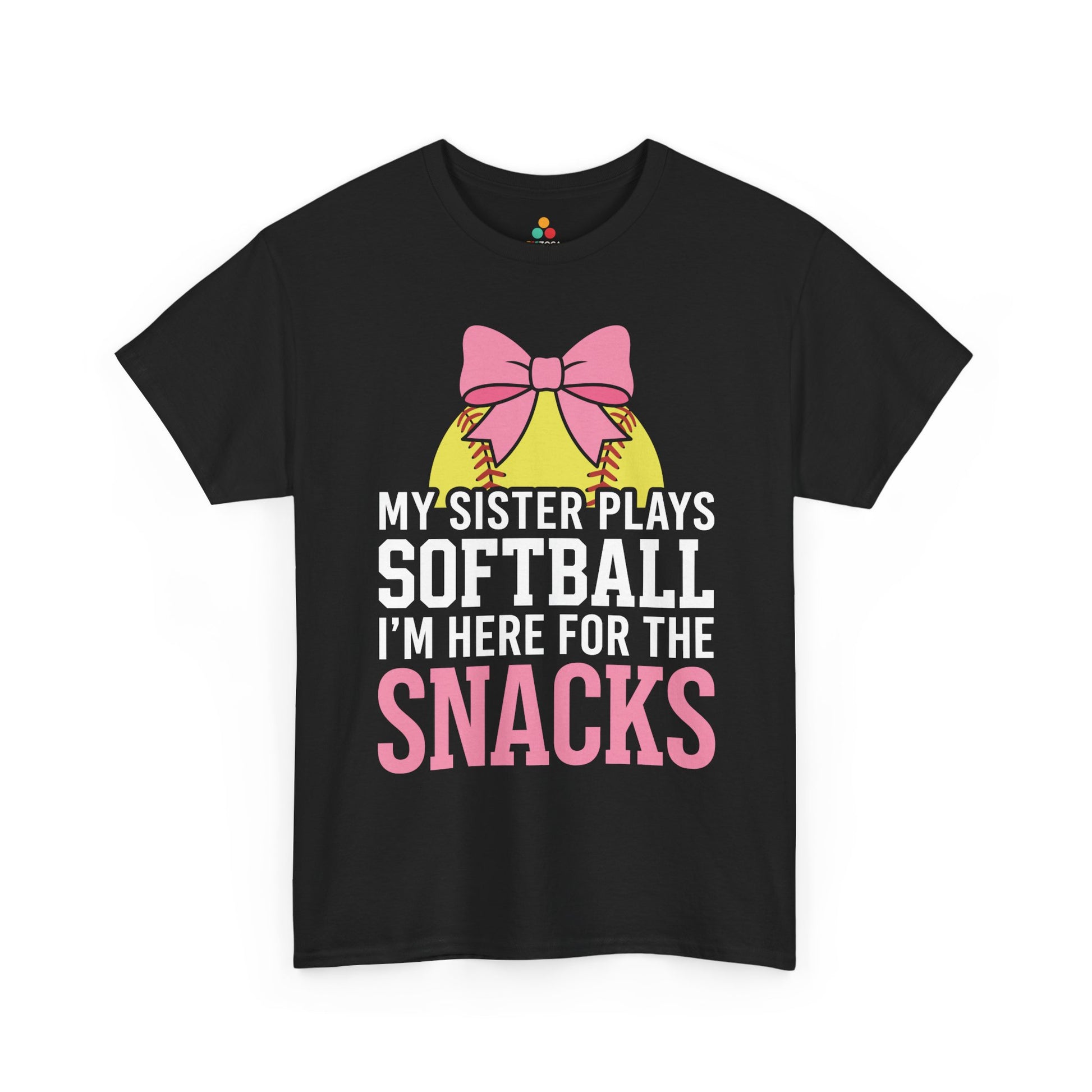 TEEZOCA Unisex T-shirt with Cute Softball Shirt design, pink bow, yellow softball accents, and My Sister Plays Softball snack quote.
