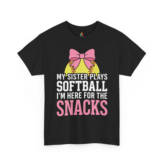TEEZOCA Unisex T-shirt with Cute Softball Shirt design, pink bow, yellow softball accents, and My Sister Plays Softball snack quote.
