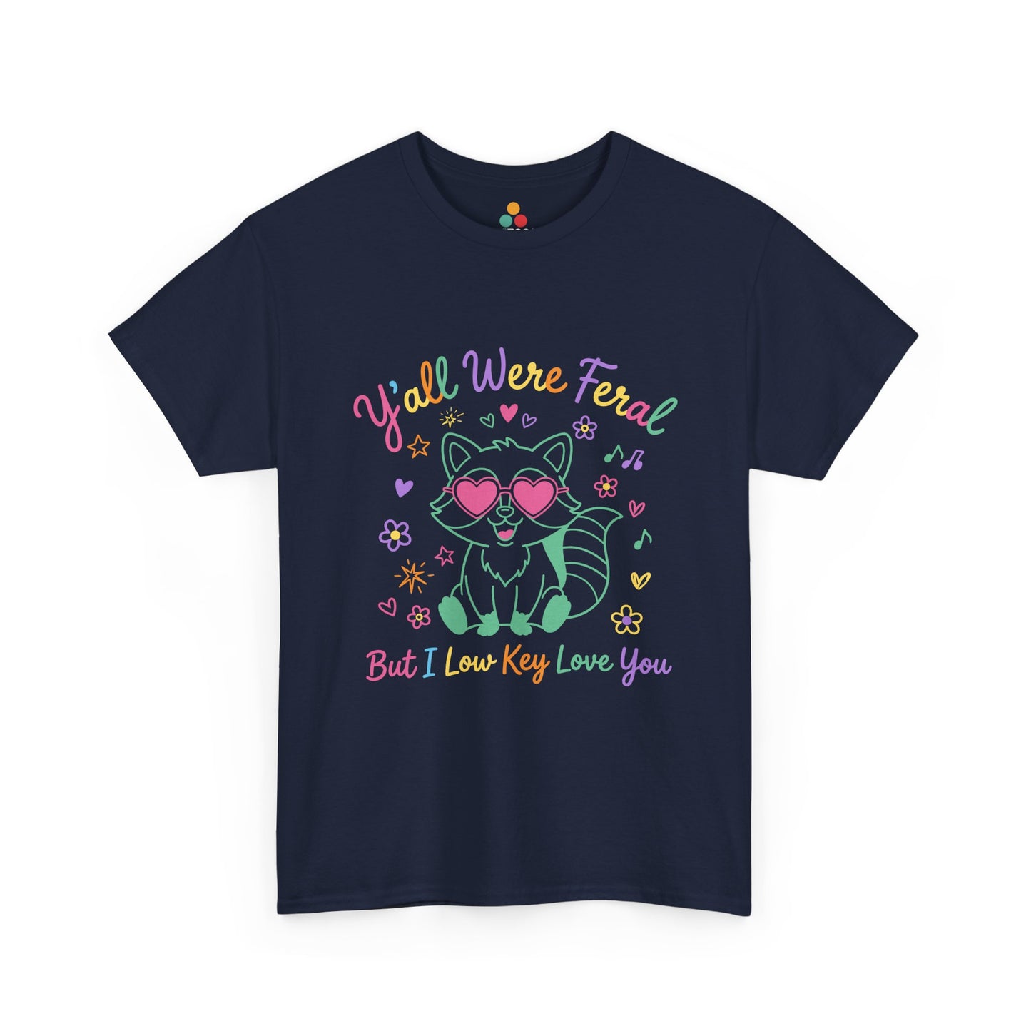 TEEZOCA Unisex T-shirt with End of Year Teacher Gift design featuring a neon raccoon, heart sunglasses, stars, and flowers.
