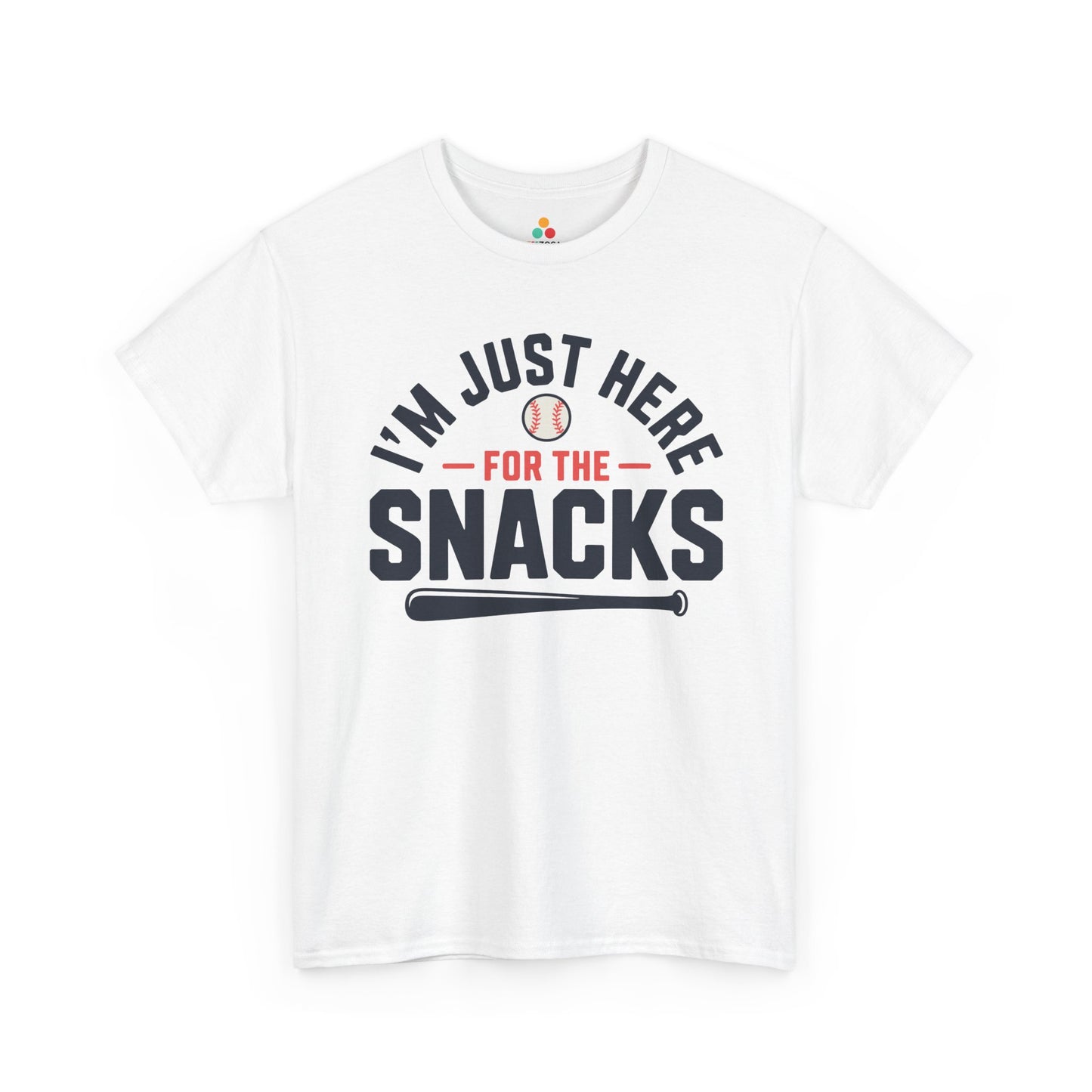 TEEZOCA Unisex T-shirt with Funny Baseball Shirt design reading I’m Just Here For The Snacks with baseball and bat artwork.
