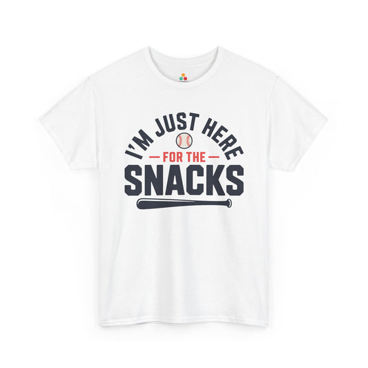 TEEZOCA Unisex T-shirt with Funny Baseball Shirt design reading I’m Just Here For The Snacks with baseball and bat artwork.
