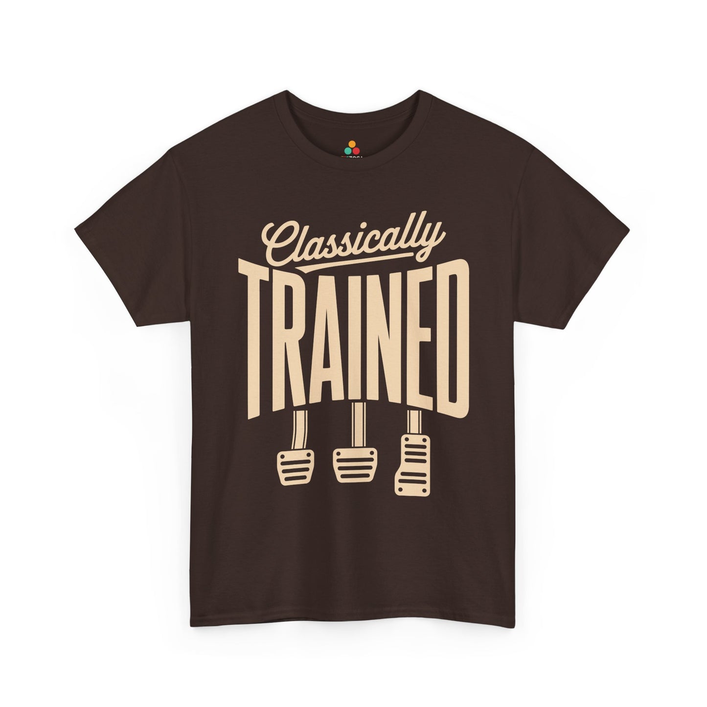 TEEZOCA Unisex T-shirt with Funny Car Guy T Shirt design featuring Classically Trained text and three manual pedals.
