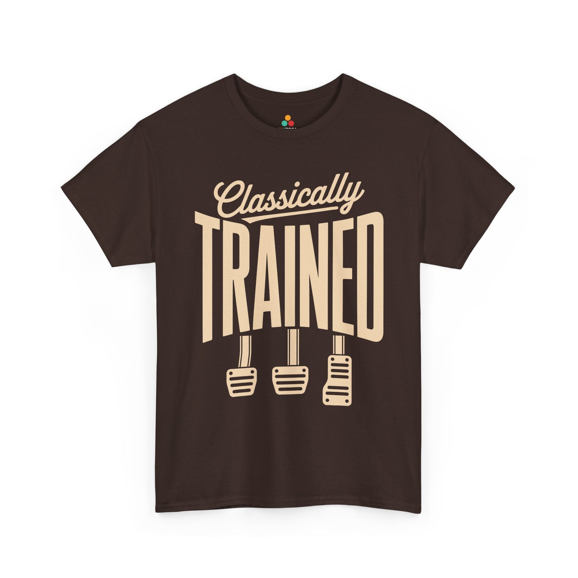 TEEZOCA Unisex T-shirt with Funny Car Guy T Shirt design featuring Classically Trained text and three manual pedals.
