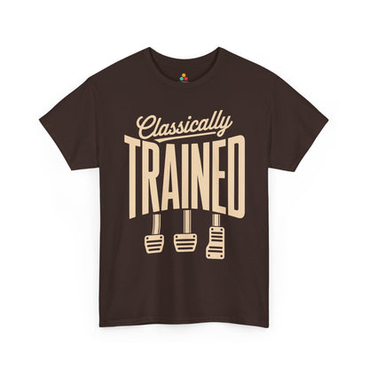 TEEZOCA Unisex T-shirt with Funny Car Guy T Shirt design featuring Classically Trained text and three manual pedals.
