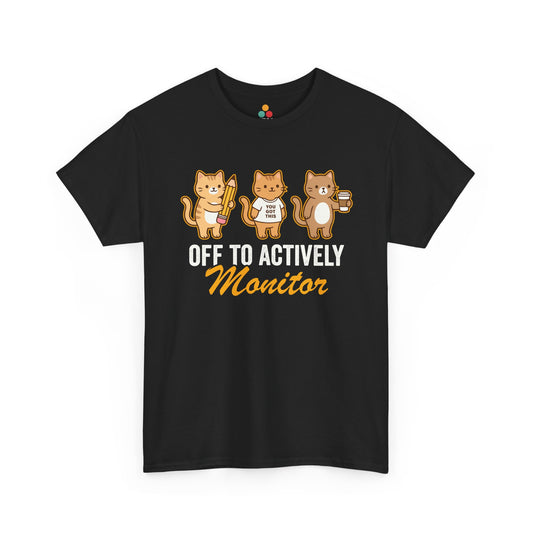 TEEZOCA Unisex T-shirt with Funny Cat T Shirt design featuring three cats, classroom supplies, coffee, and Off To Actively Monitor text.
