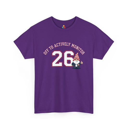 TEEZOCA Unisex T-shirt with Funny Elementary Teacher Shirt Off to Actively Monitor Gnome design, varsity 26 numbers, and cute gnome art.
