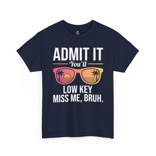 TEEZOCA Unisex T-shirt with Funny Going Away Gift Coworker Leaving Shirt design, retro sunglasses, palm trees, and sunset lenses.
