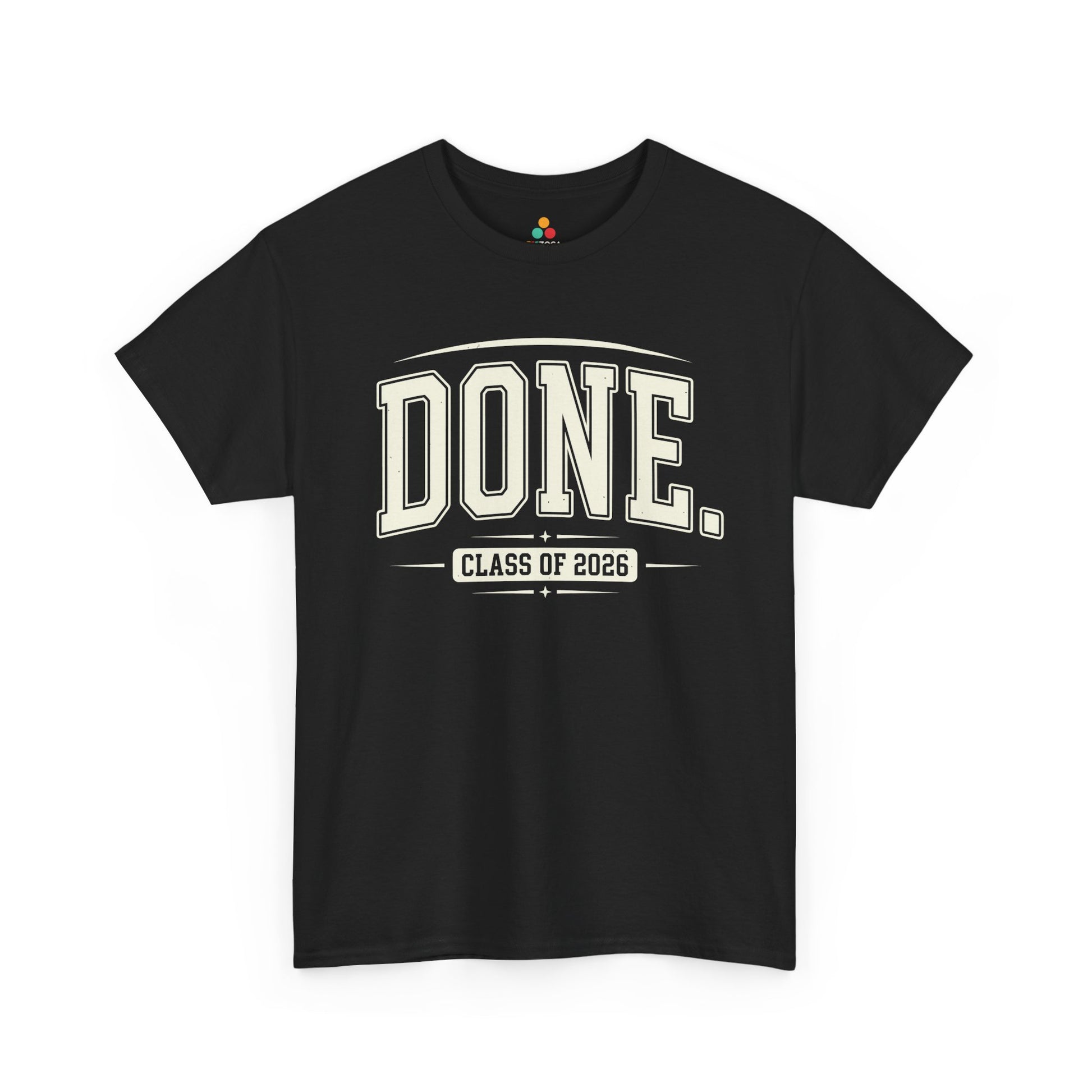TEEZOCA Unisex T-shirt with Funny Graduation Shirt design featuring large DONE text and Class of 2026 varsity lettering.
