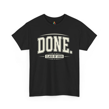 TEEZOCA Unisex T-shirt with Funny Graduation Shirt design featuring large DONE text and Class of 2026 varsity lettering.
