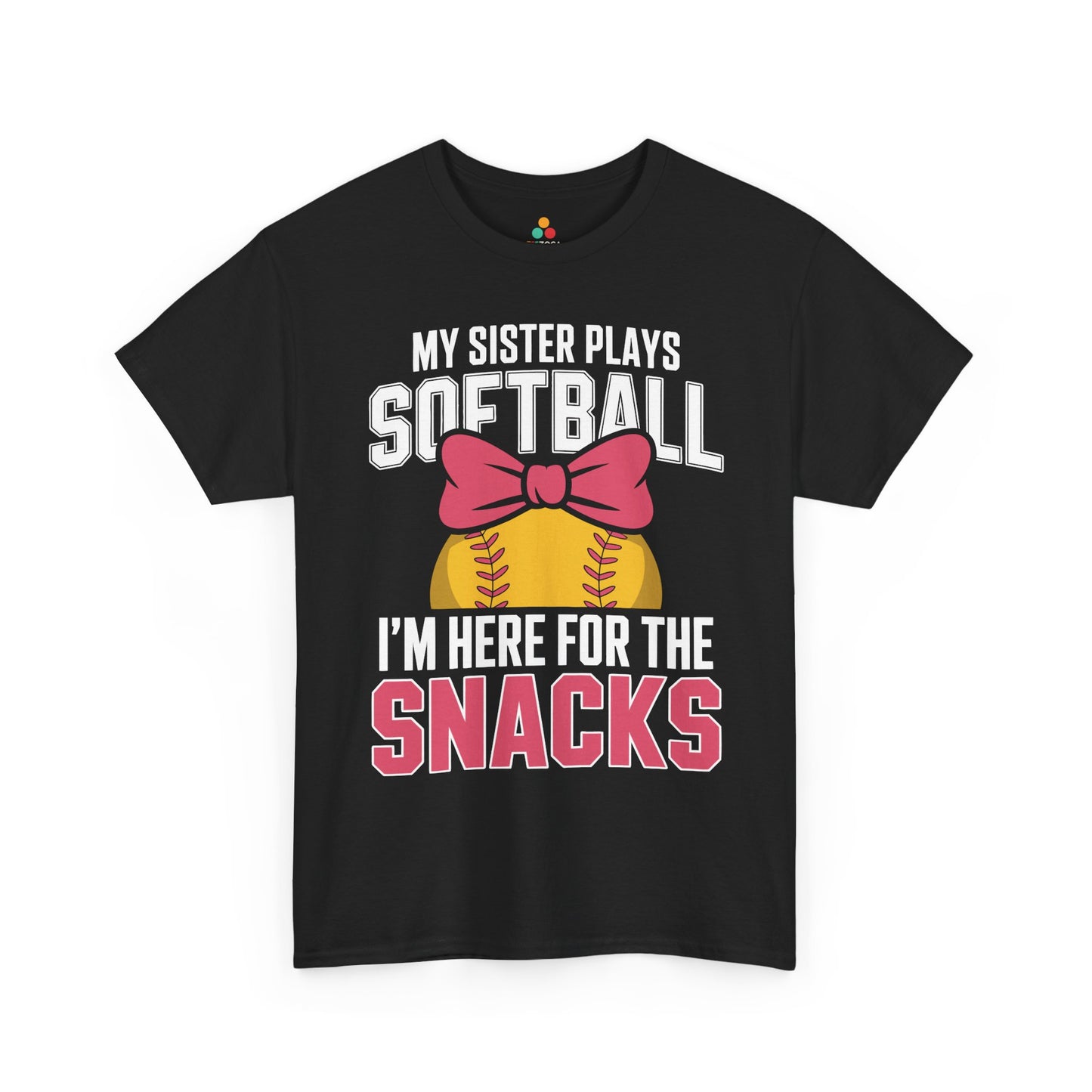 TEEZOCA Unisex T-shirt with Funny Softball Shirt design reading My Sister Plays Softball I’m Here For The Snacks.
