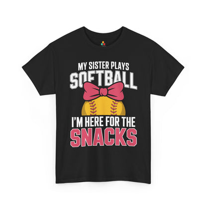 TEEZOCA Unisex T-shirt with Funny Softball Shirt design reading My Sister Plays Softball I’m Here For The Snacks.
