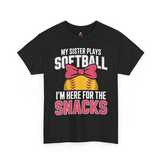 TEEZOCA Unisex T-shirt with Funny Softball Shirt design reading My Sister Plays Softball I’m Here For The Snacks.
