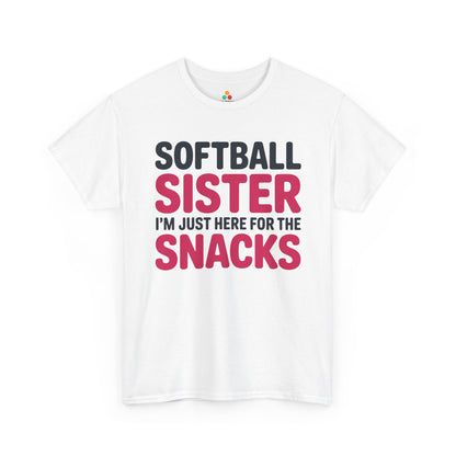 TEEZOCA Unisex T-shirt with Funny Softball Shirts design reading Softball Sister I’m Just Here For The Snacks.
