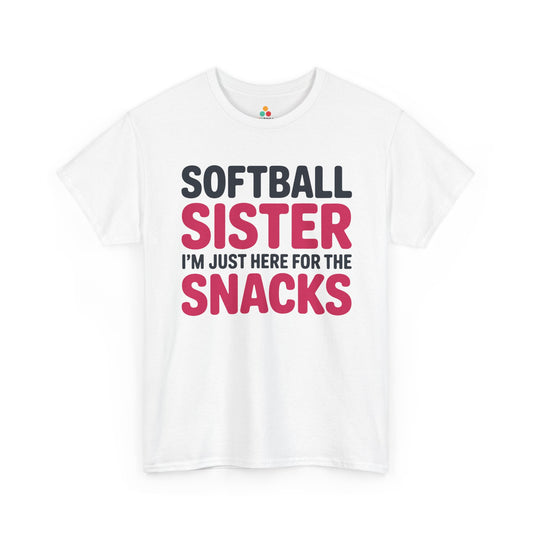 TEEZOCA Unisex T-shirt with Funny Softball Shirts design reading Softball Sister I’m Just Here For The Snacks.
