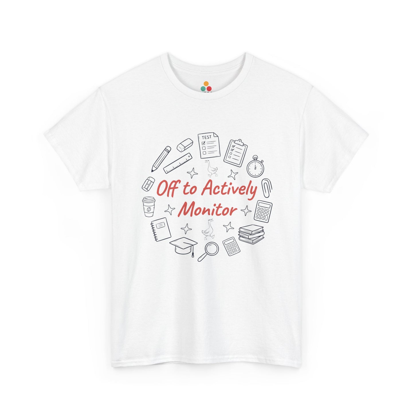 TEEZOCA Unisex T-shirt with Funny Teacher Shirt Actively Monitor Graphic Tee design, school supplies, stars, and red script text.
