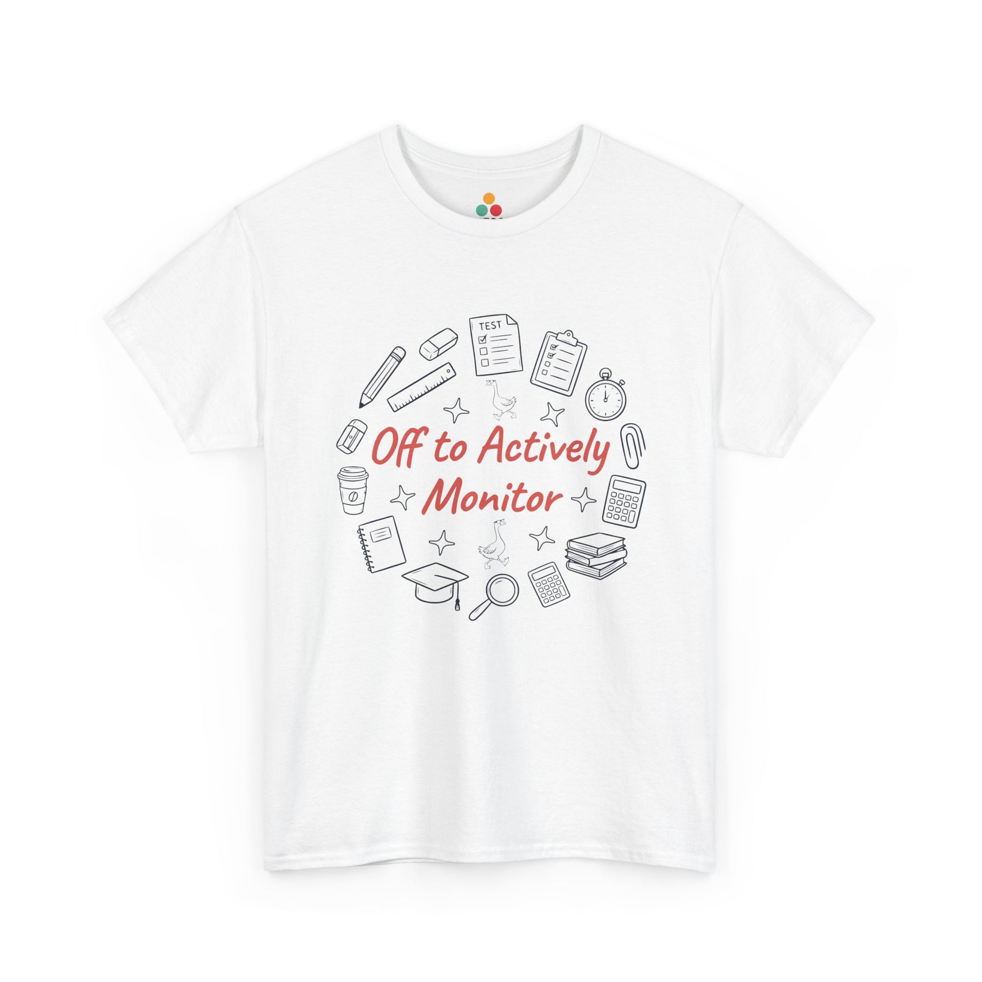 TEEZOCA Unisex T-shirt with Funny Teacher Shirt Actively Monitor Graphic Tee design, school supplies, stars, and red script text.
