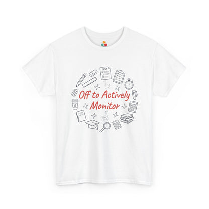 TEEZOCA Unisex T-shirt with Funny Teacher Shirt Actively Monitor Graphic Tee design, school supplies, stars, and red script text.
