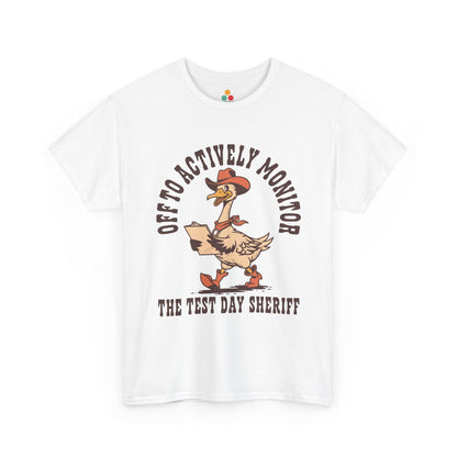 TEEZOCA Unisex T-shirt with Funny Test Day Teacher Shirt Sheriff Western design, featuring a goose sheriff and classroom testing humor.
