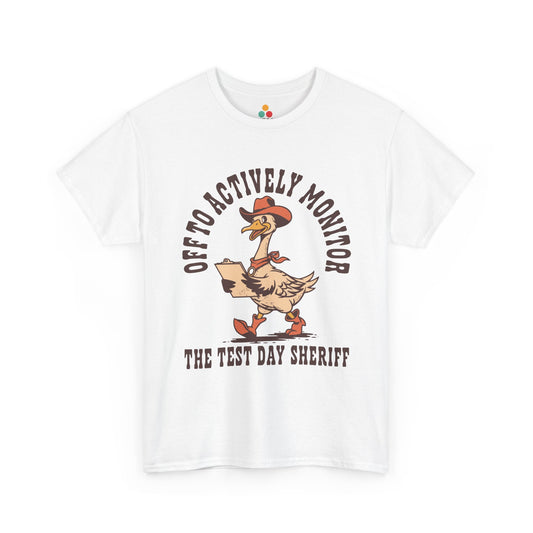 TEEZOCA Unisex T-shirt with Funny Test Day Teacher Shirt Sheriff Western design, featuring a goose sheriff and classroom testing humor.
