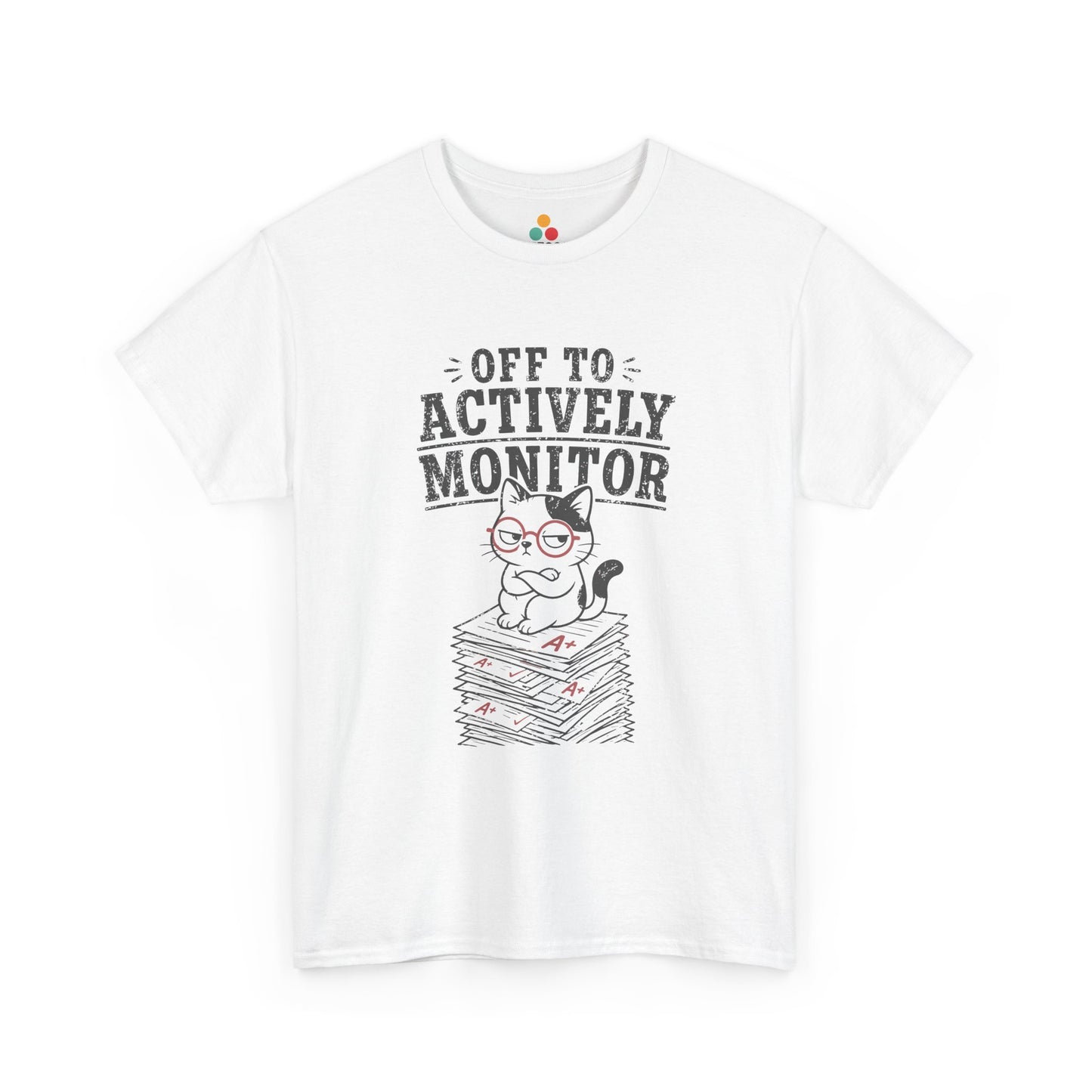 TEEZOCA Unisex T-shirt with Off To Actively Monitor Funny Cat Shirt Teacher Vintage design, glasses cat, graded papers, and distressed text.
