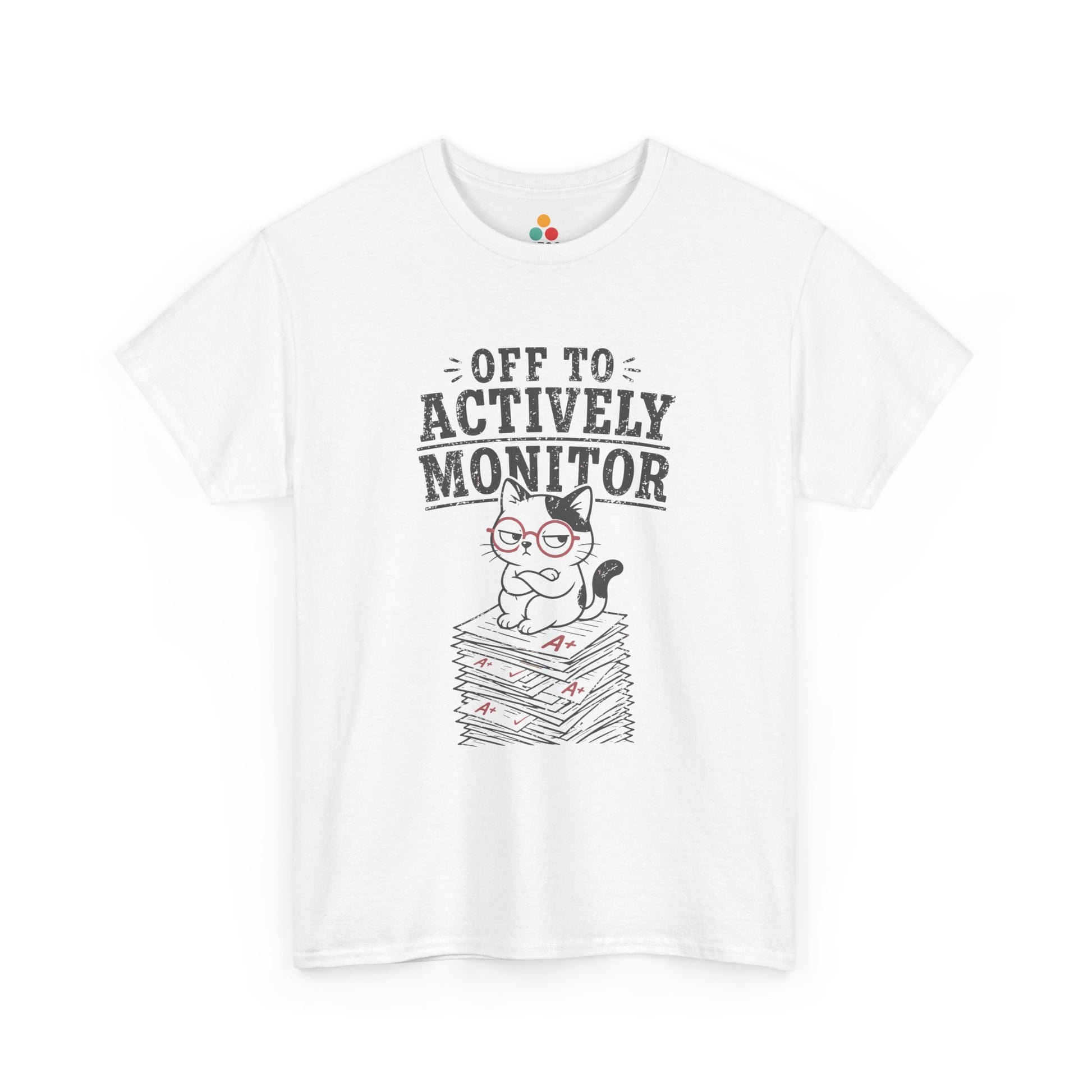 TEEZOCA Unisex T-shirt with Off To Actively Monitor Funny Cat Shirt Teacher Vintage design, glasses cat, graded papers, and distressed text.
