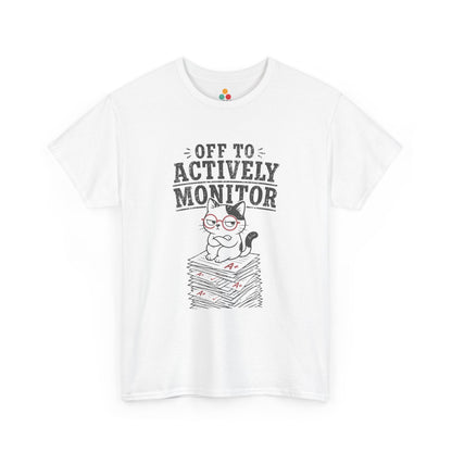 TEEZOCA Unisex T-shirt with Off To Actively Monitor Funny Cat Shirt Teacher Vintage design, glasses cat, graded papers, and distressed text.
