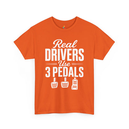 TEEZOCA Unisex T-shirt with Real Drivers Use 3 Pedals design for manual transmission drivers and funny car guy style.
