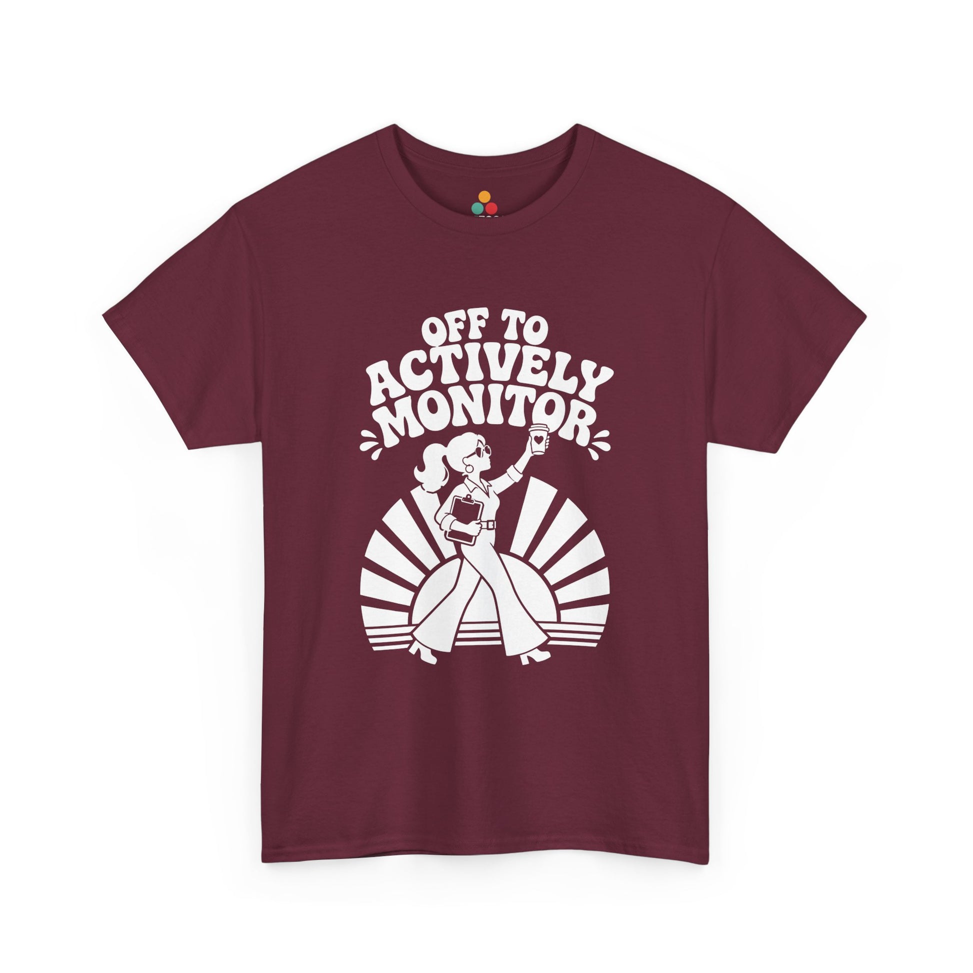 TEEZOCA Unisex T-shirt with Retro Graphic Tee Women Funny Teacher Off to Actively Monitor design, groovy sunburst, coffee, and clipboard.
