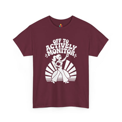 TEEZOCA Unisex T-shirt with Retro Graphic Tee Women Funny Teacher Off to Actively Monitor design, groovy sunburst, coffee, and clipboard.
