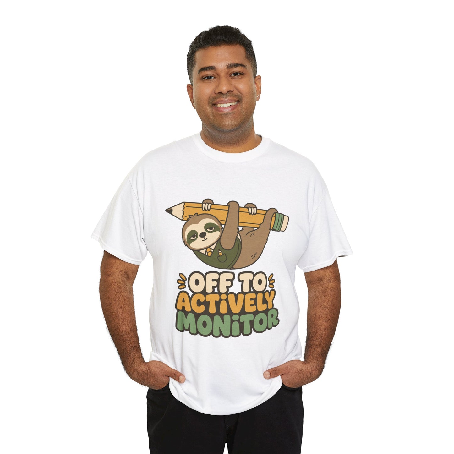TEEZOCA Unisex T-shirt with Sloth Shirt Funny Teacher Off to Actively Monitor design, featuring a sloth hanging from a pencil.
