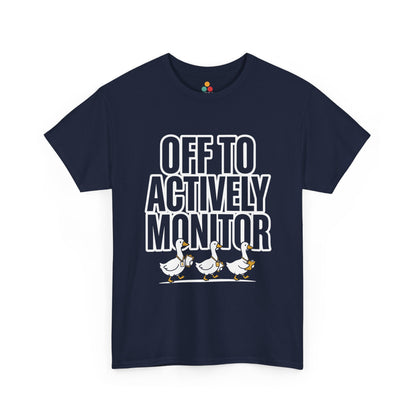 TEEZOCA Unisex T-shirt with Teacher Team Shirt design, bold Off To Actively Monitor text, and three marching geese.
