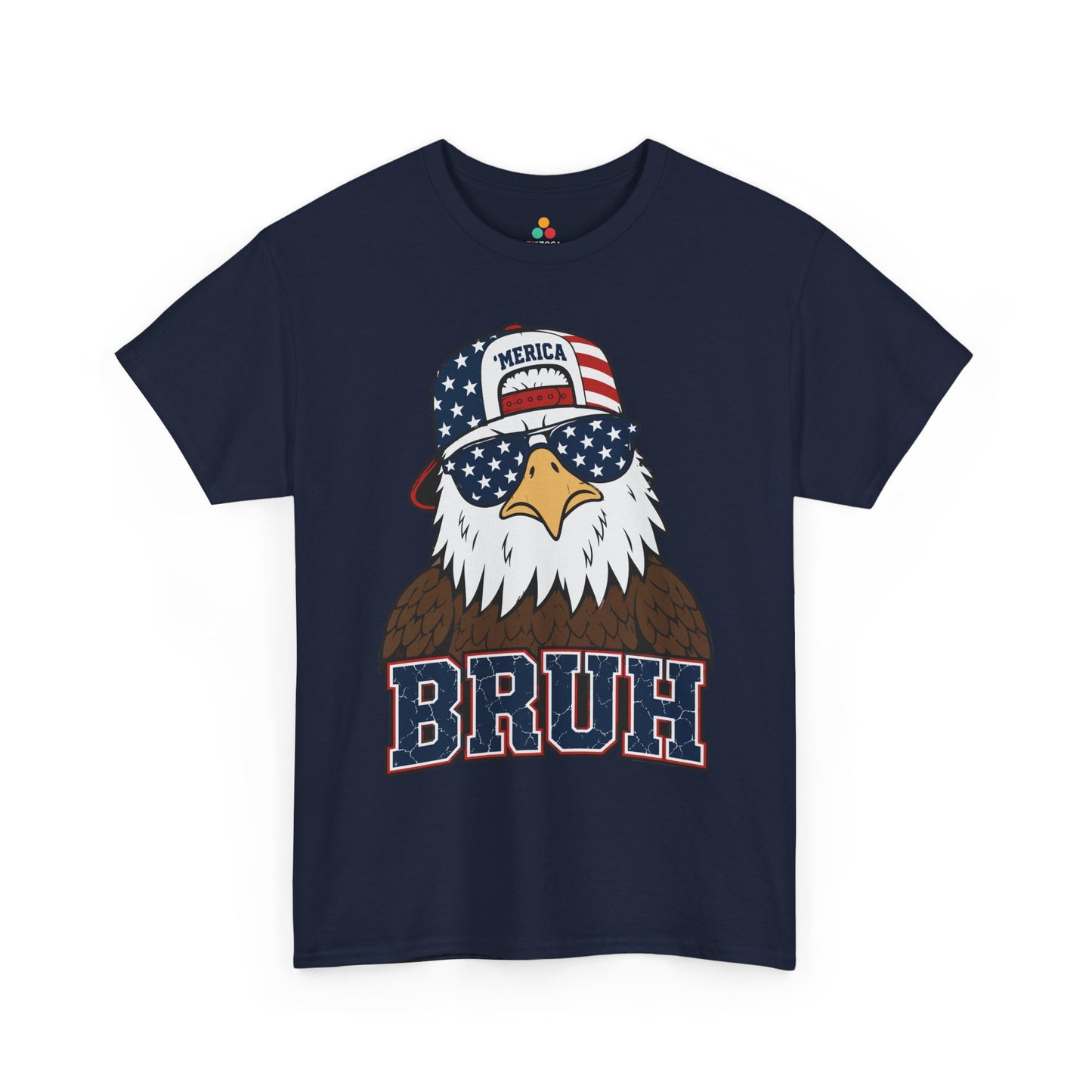 TEEZOCA Unisex T-shirt with a fourth of July shirt graphic of a patriotic eagle wearing stars-and-stripes sunglasses.
