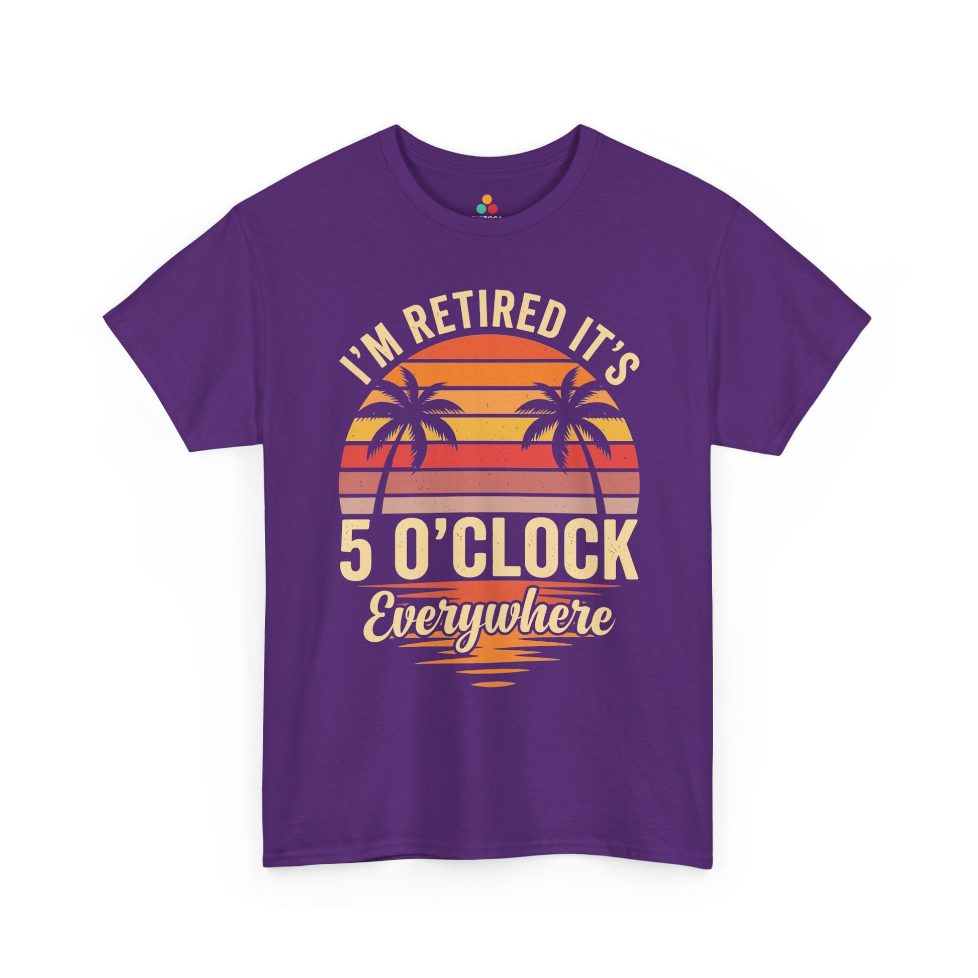 TEEZOCA Unisex T-shirt with funny retirement t shirt design, vintage sunset colors, palm trees, and retired happy hour quote.
