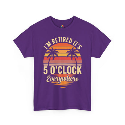 TEEZOCA Unisex T-shirt with funny retirement t shirt design, vintage sunset colors, palm trees, and retired happy hour quote.
