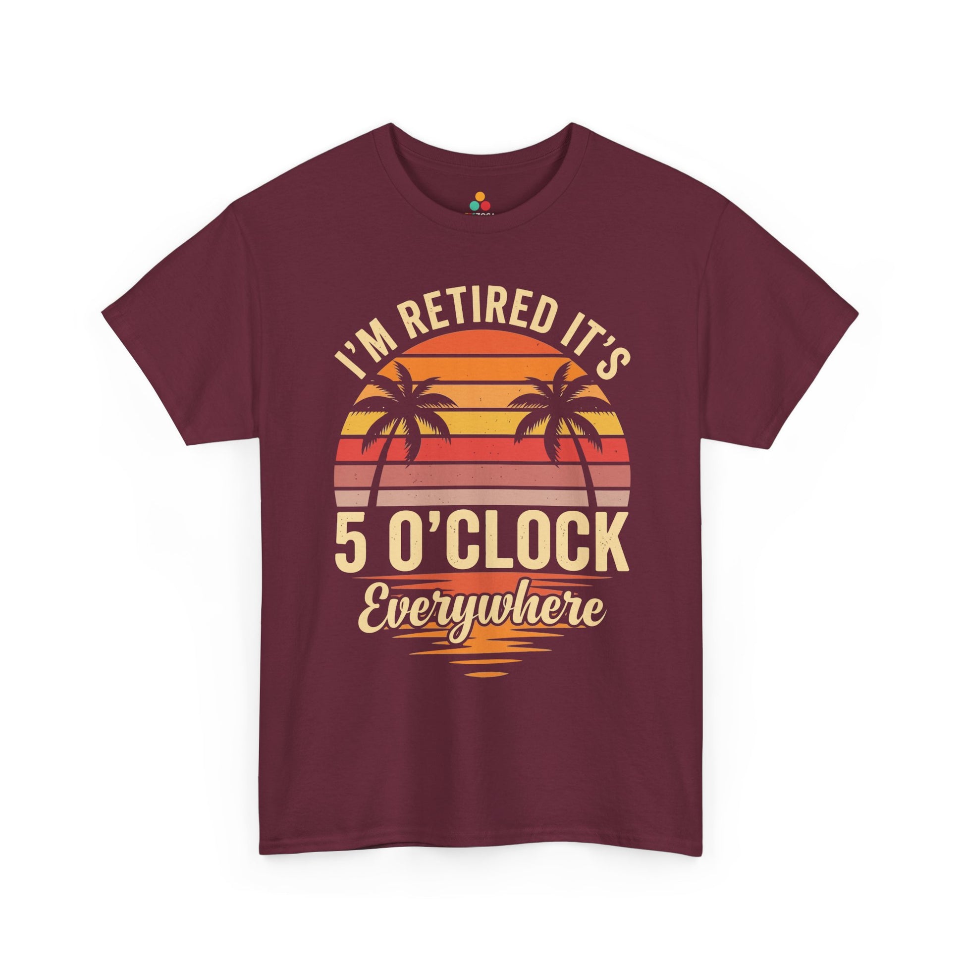 TEEZOCA Unisex T-shirt with mens retirement t-shirt gifts design, retro sunset, palm trees, and 5 o'clock retirement quote.
