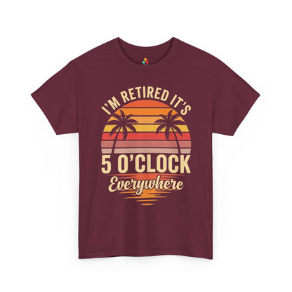 TEEZOCA Unisex T-shirt with mens retirement t-shirt gifts design, retro sunset, palm trees, and 5 o'clock retirement quote.
