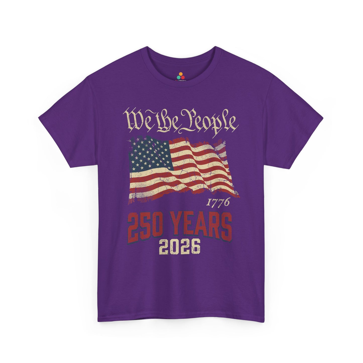 TEEZOCA United States 250th Anniversary t-shirt with aged red, cream, and blue flag graphics.
