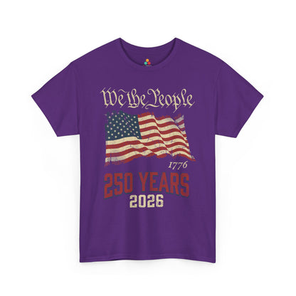 TEEZOCA United States 250th Anniversary t-shirt with aged red, cream, and blue flag graphics.
