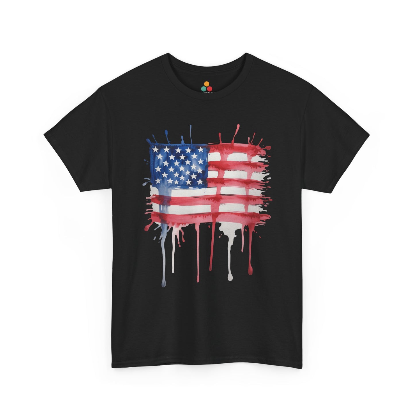 TEEZOCA Vintage American Flag Shirt t-shirt with distressed flag stripes, paint drips, and rugged patriotic style.
