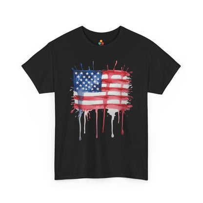 TEEZOCA Vintage American Flag Shirt t-shirt with distressed flag stripes, paint drips, and rugged patriotic style.
